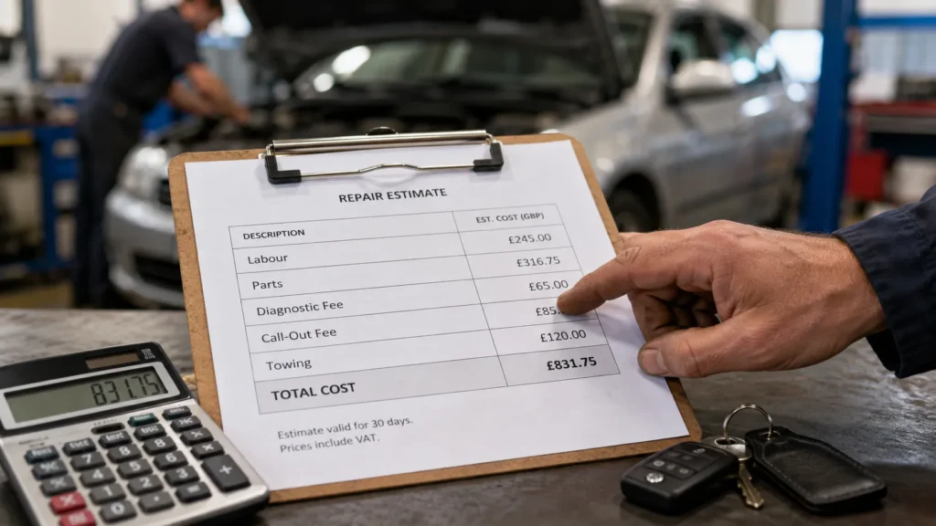 Car repair estimate showing labour, parts, diagnostic and service costs for comparing mobile mechanics and garages