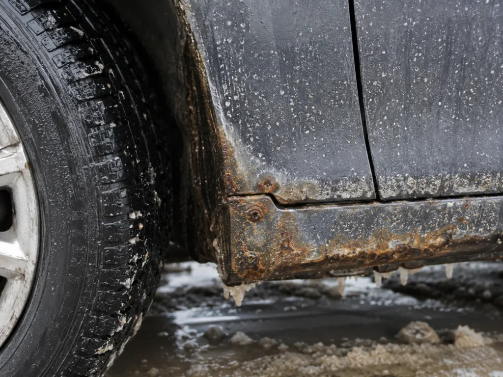 Rust forming around a car rocker panel after exposure to winter road salt and moisture