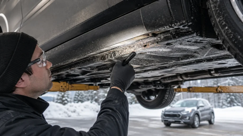 Mechanic inspecting a vehicle undercarriage for rust and corrosion before rustproofing