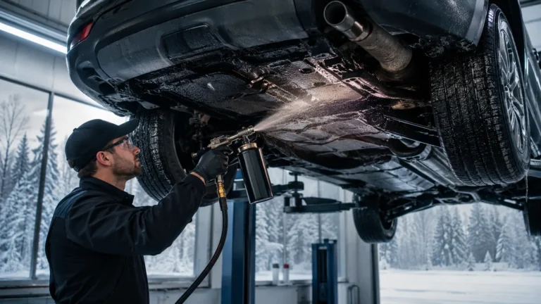 Mechanic applying rustproofing spray to a car undercarriage before Canadian winter driving