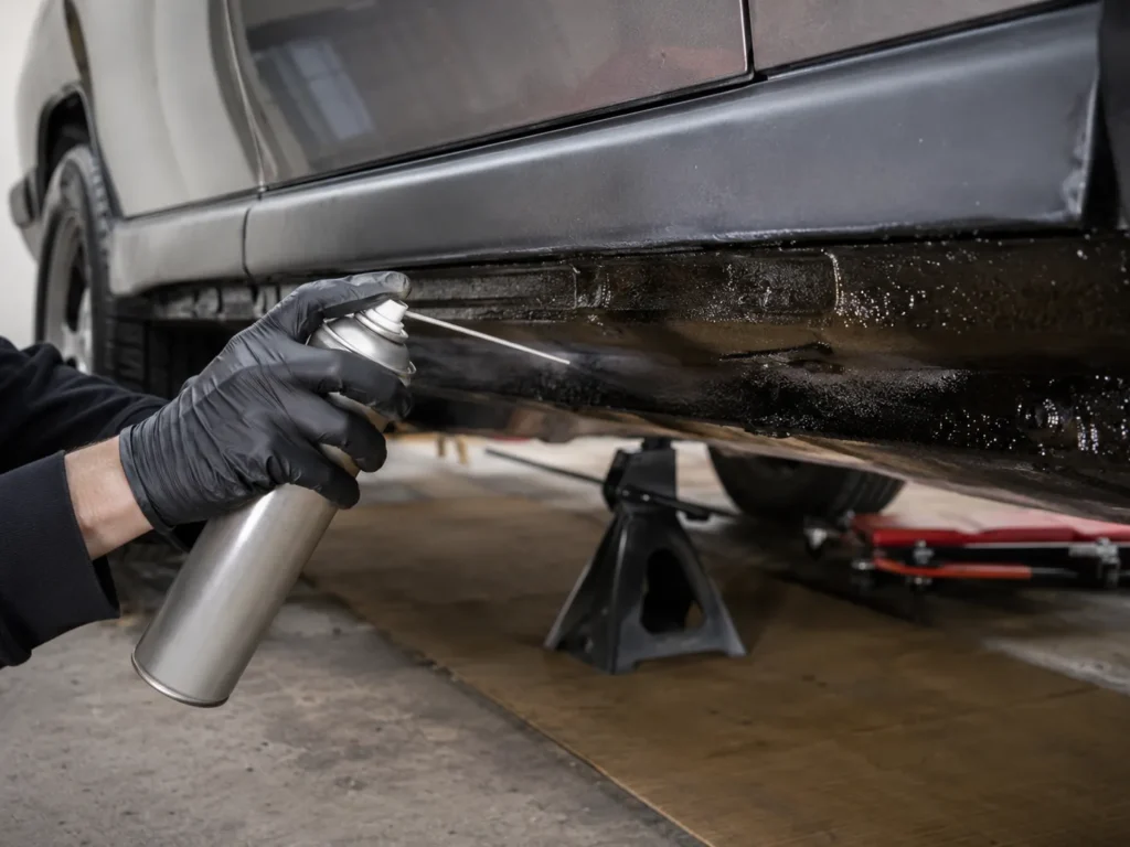Rustproofing spray being applied to a car rocker panel for corrosion protection