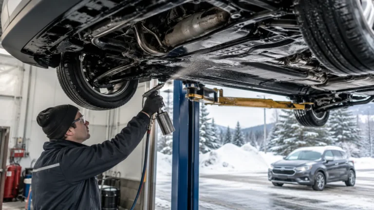 Mechanic applying rustproofing treatment to a car undercarriage during a Canadian winter