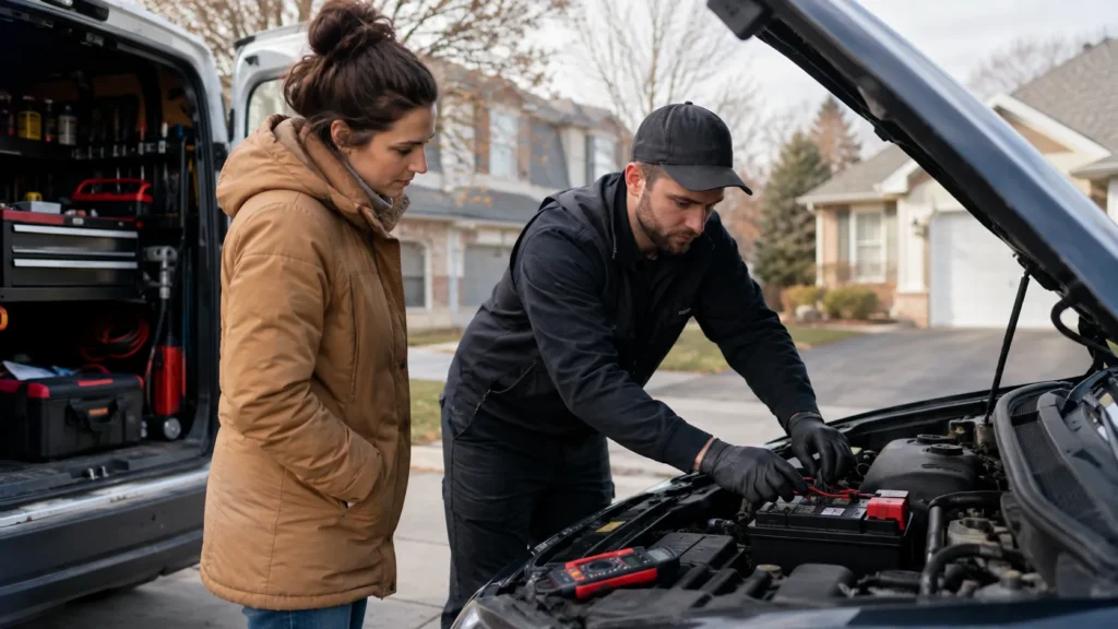 Mobile mechanic inspecting and repairing a customer’s car at home using professional diagnostic tools