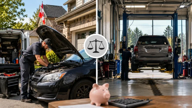 Mobile mechanic working on a car at home compared with a traditional auto repair garage in Canada