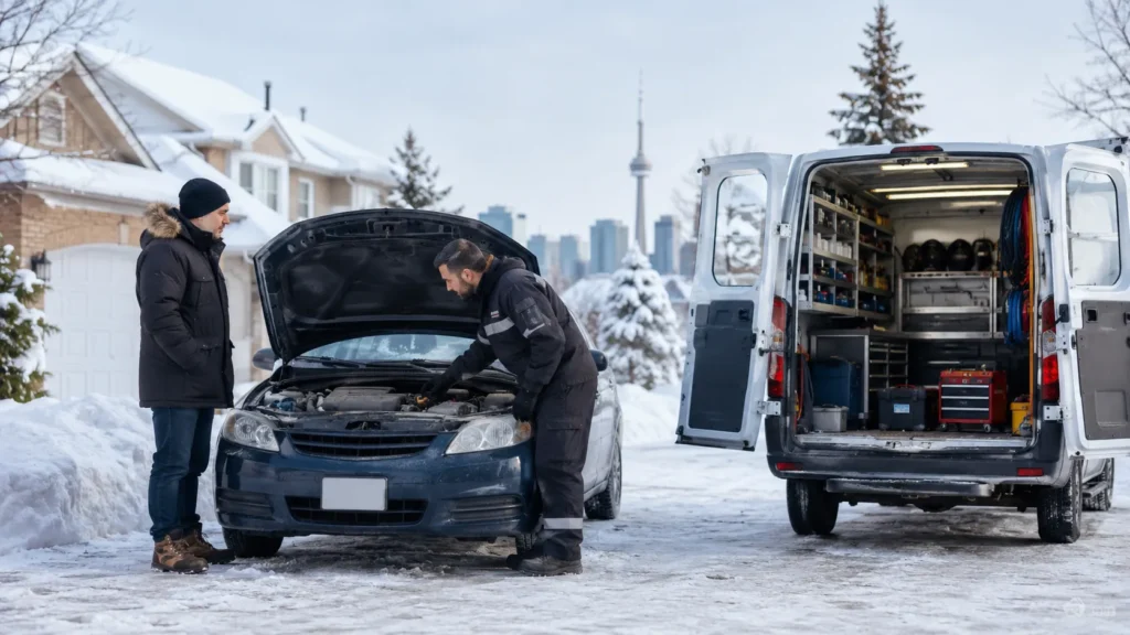 Mobile mechanic providing on-site car repair service during Canadian winter conditions