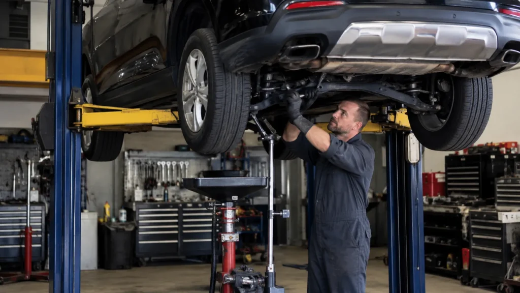 Professional mechanic performing a complex vehicle repair using a lift inside a traditional auto repair garage