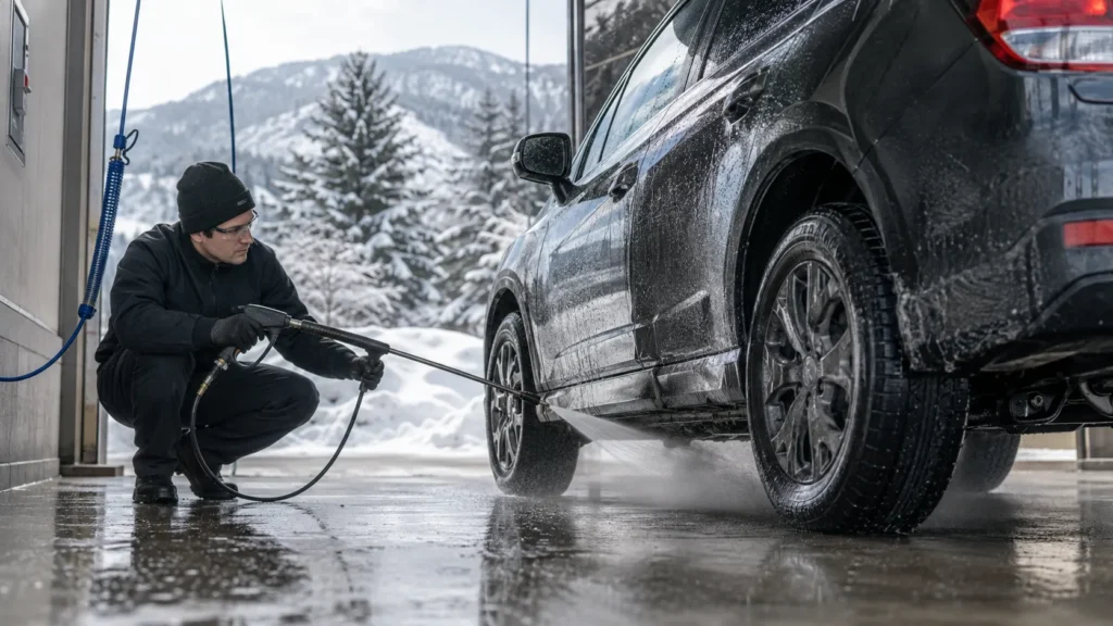 Car undercarriage being washed in winter to remove road salt and help prevent rust