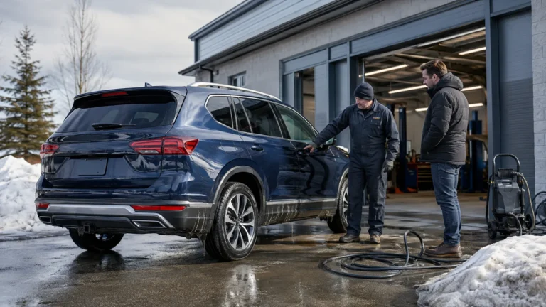 Car receiving rustproofing service at a Canadian auto shop during winter