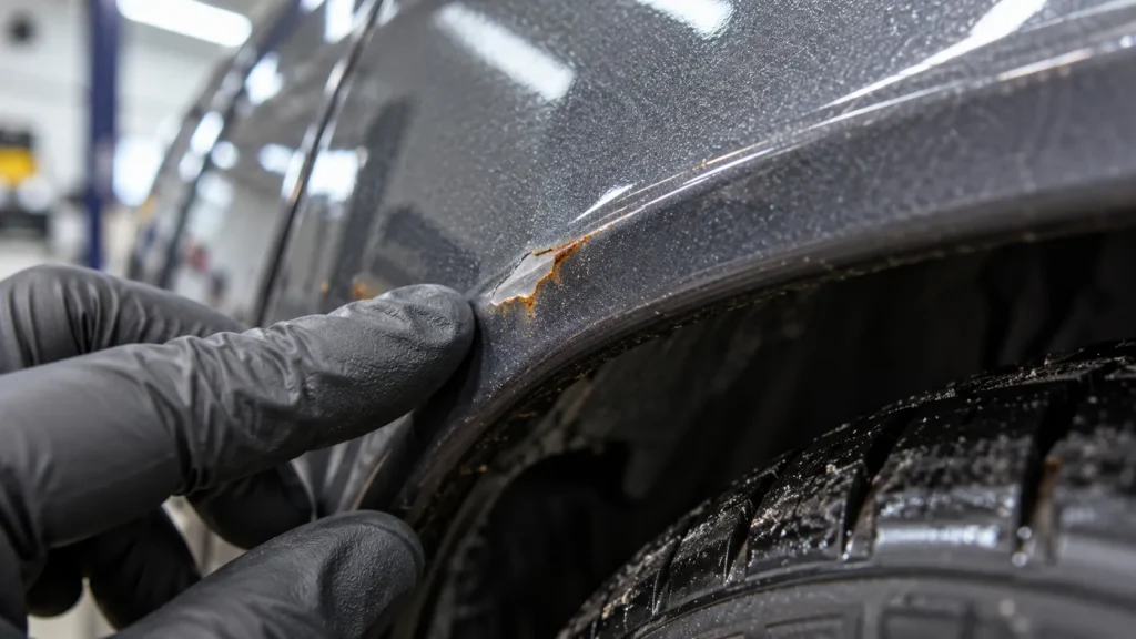 rust forming around a paint chip on a vehicle body panel