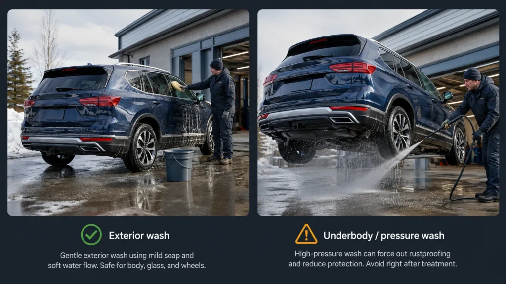 Exterior car wash compared with high-pressure underbody wash after rustproofing