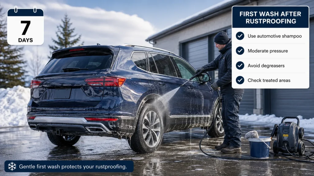 First car wash after rustproofing using moderate water pressure during Canadian winter