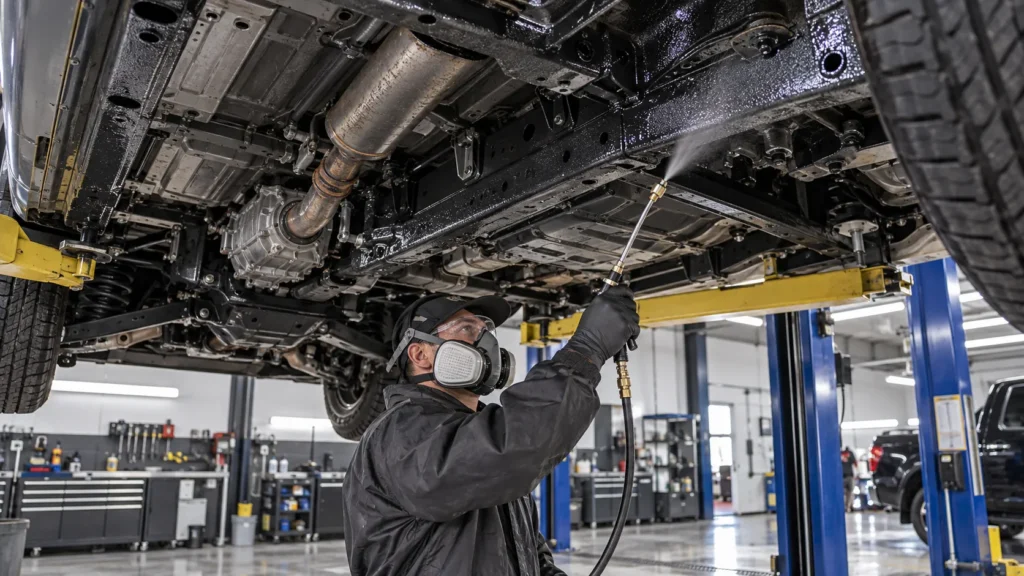 Professional rustproofing being applied to a vehicle undercarriage