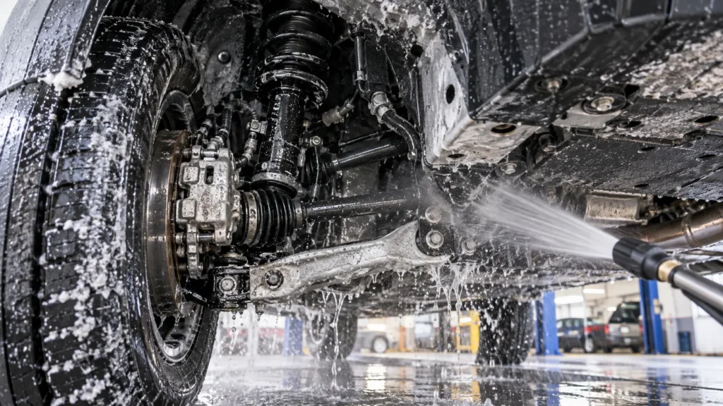 Washing road salt from a vehicle undercarriage to help prevent rust